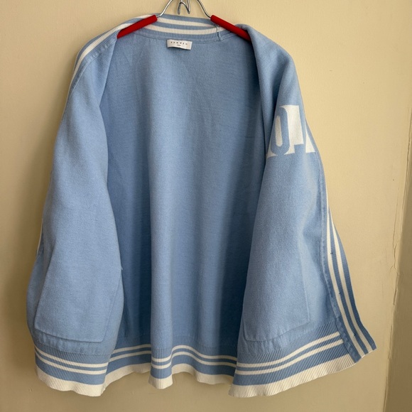 Sandro Paris Opera ‘LOVE’ Varsity Light Blue Cardigan Sweater - Picture 9 of 16